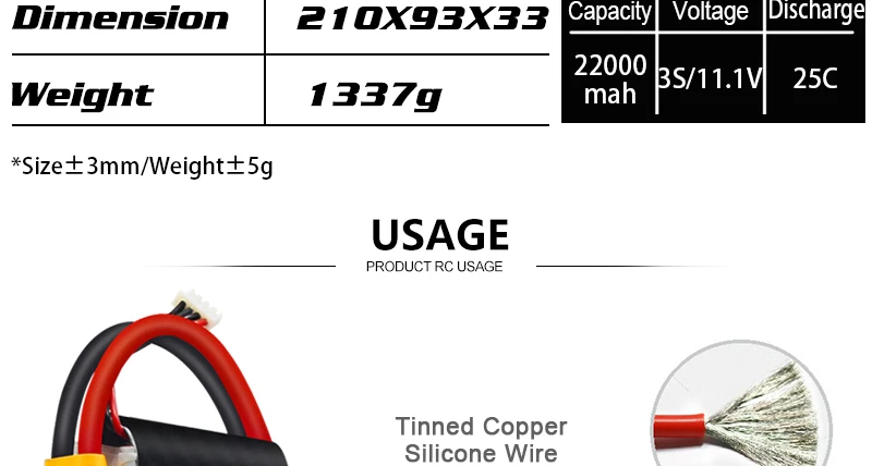 HRB Lipo 3S Battery, Dimension 21oxg3x33 Capacity Voltage Discharge 22000 Weight 