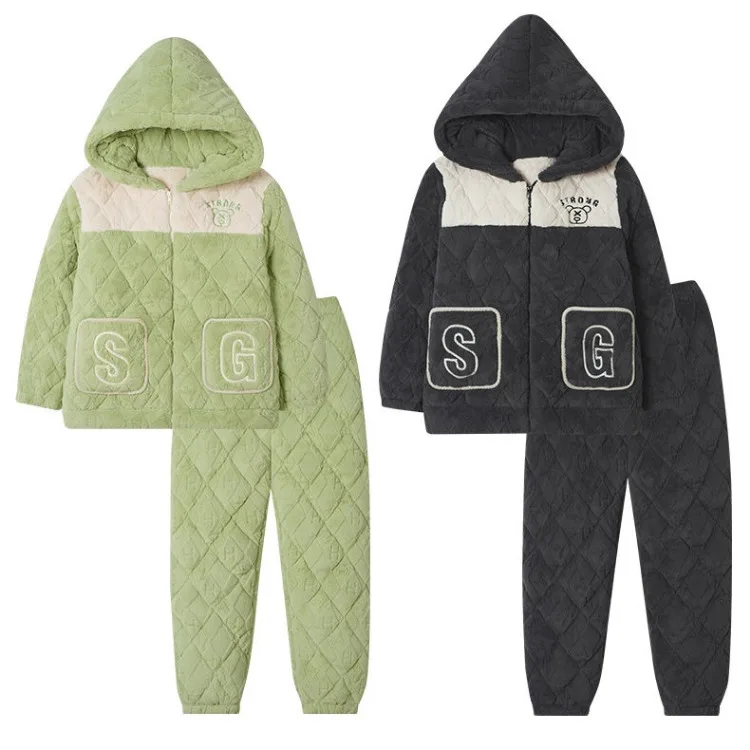 2023 Couple's Pajamas Autumn Winter Women's Coral Fleece Triple Layer Cotton Loungewear Fleece Thick Flannel Men's Warm Homewear