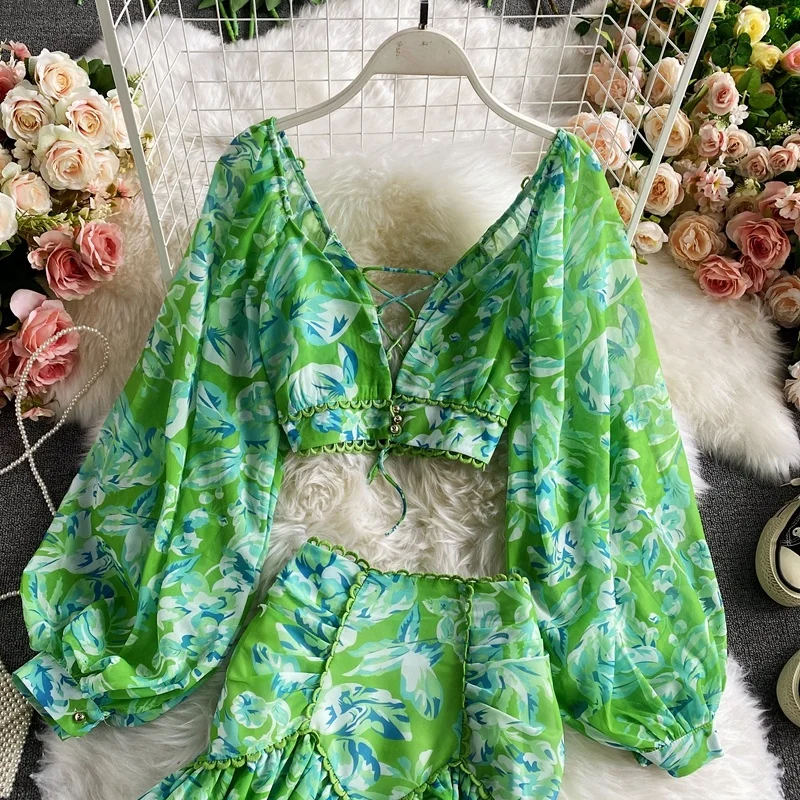 Sexy Chiffon Two Piece Set Women Spring Autumn Elegant V-neck