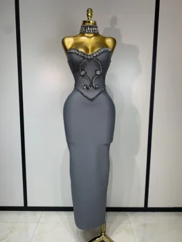 High Quality Strapless Beading With Necklace Bandage Dress  Celebrity Elegant  Evening Party Fancy Club Birthday Dresses 1