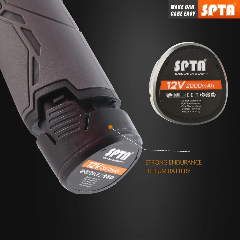 SPTA Cordless Car Buffer Polisher with 2Pcs 12V Lithium Rechargeable Battery Brushless Polisher with Variable Speed For Waxing