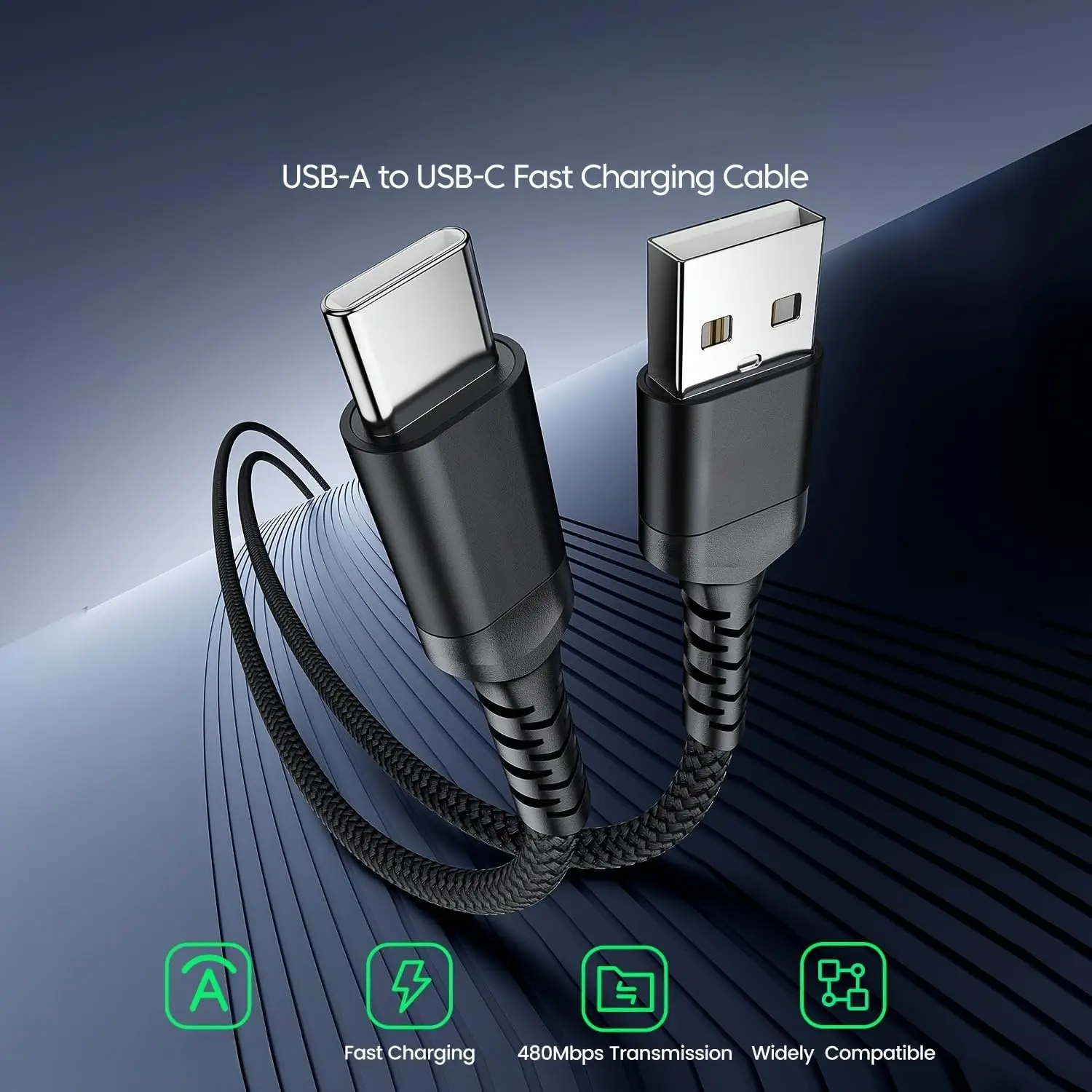 Durable Braided USB-A to USB-C Charging Cable Set - Fast Charge 60W 5A, Multiple Lengths, Data Sync Enabled