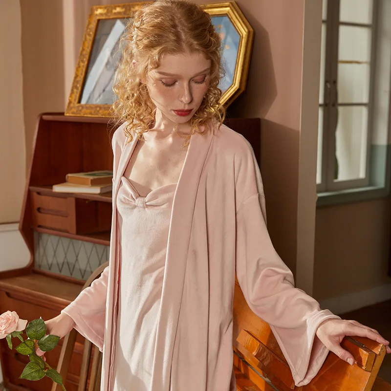 warm-velvet-camicia-da-notte-robe-set-donna-autunno-inverno-rosa-bowknot-night-dress-accappatoio-velour-set-a-due-pezzi-indumenti-da-notte-sleepwear