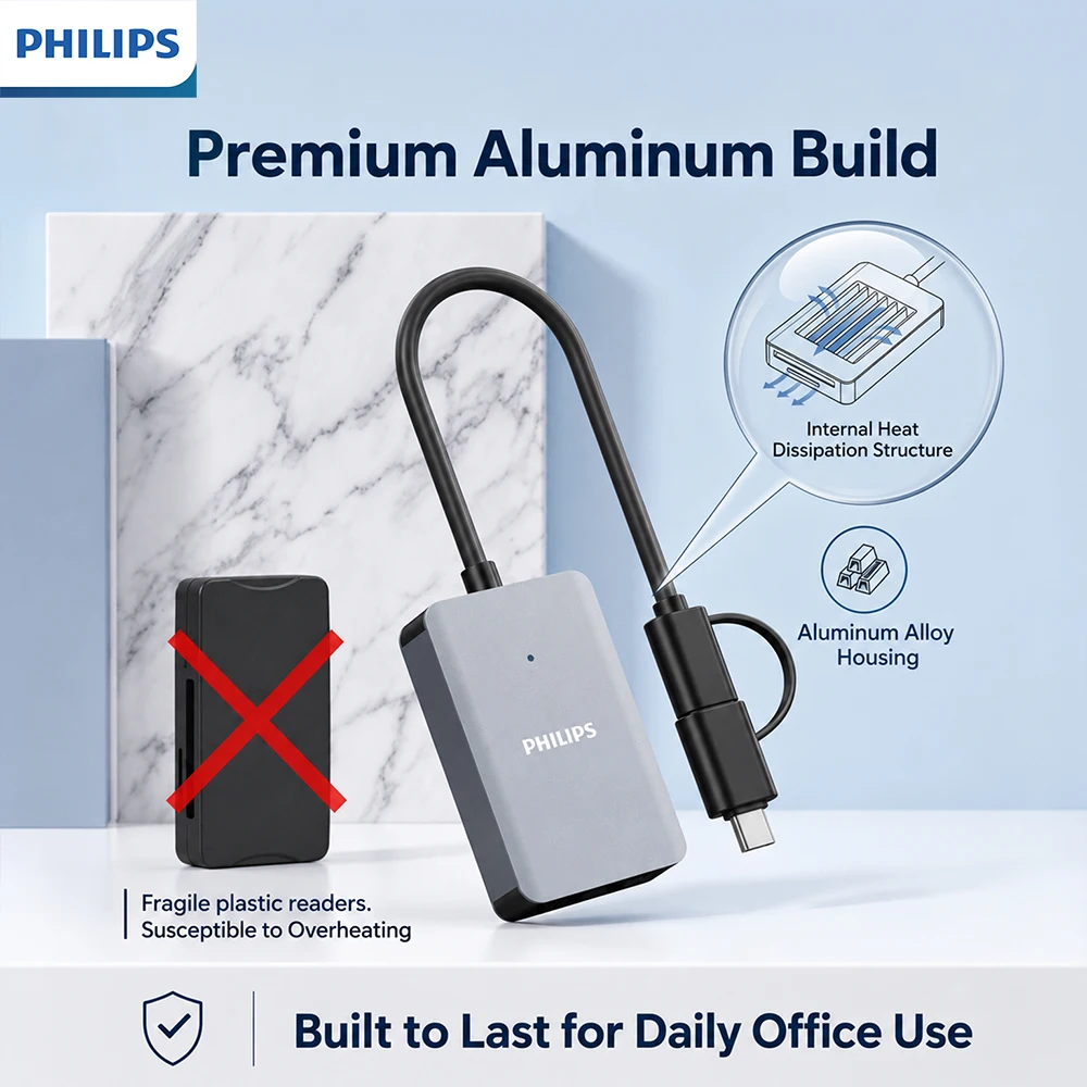 Philips Dual Slot High-Speed USB & Type-C Card Reader with Simultaneous SD/TF Reading