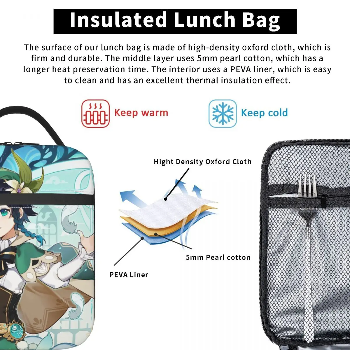 Genshin Impact Anime Game Insulated Lunch Bags Camping Travel Venti Dvalin Wolf Of The North Leakproof Thermal Cooler Bento Box
