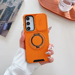 Luxury Heavy - Duty Rugged Armor Magnetic Bracket Phone Case with Slide Camera Protection - Galaxy A37 (Orange)