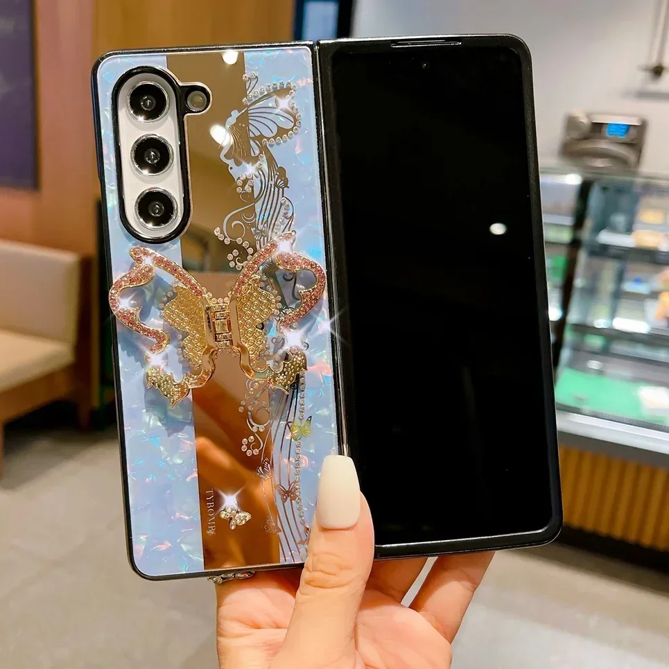 Lüks Kelebek Yüzük Stand Tutucu Telefon Kılıfı Samsung Galaxy Z Fold 6 5 4 3 Fold6 5G Darbeye Dayanıklı Arka Kapak Koruması_voghion.com