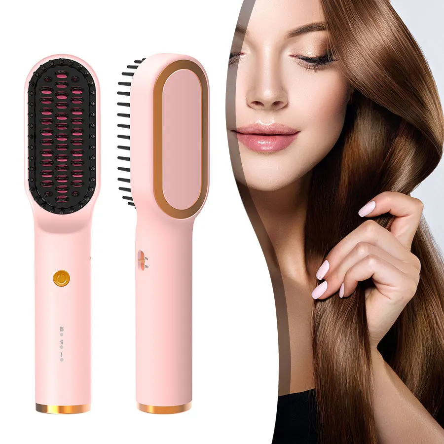 Porta Cordless Pink Hair Straightener Brush-45-Min Battery, Type C Rechargeable, Fast Heating, Lightweight