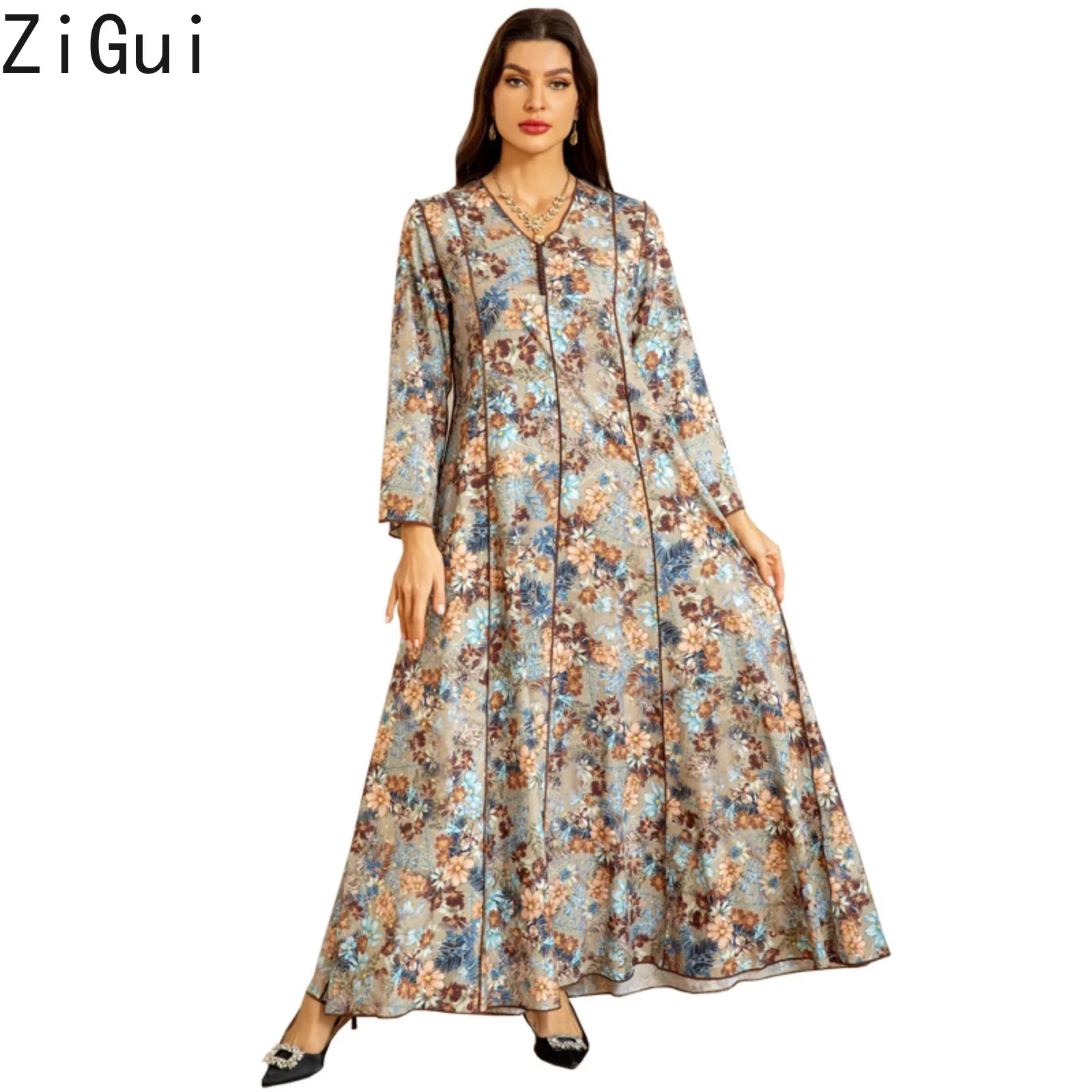 

Официальное Платье Zigui, женские элегантные мусульманские платья, арабское Цветочное платье в цветочек, модель Jalabiya Eid, мусульманское платье
