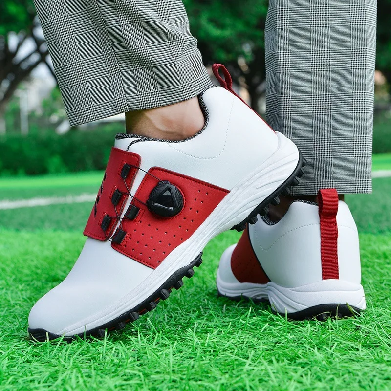 Men Golf Shoes Waterproof Leather Golfer Sports Shoes Knob Quick Lacing Golf Sneakers Women Comfortable Walking Golfing Footwear