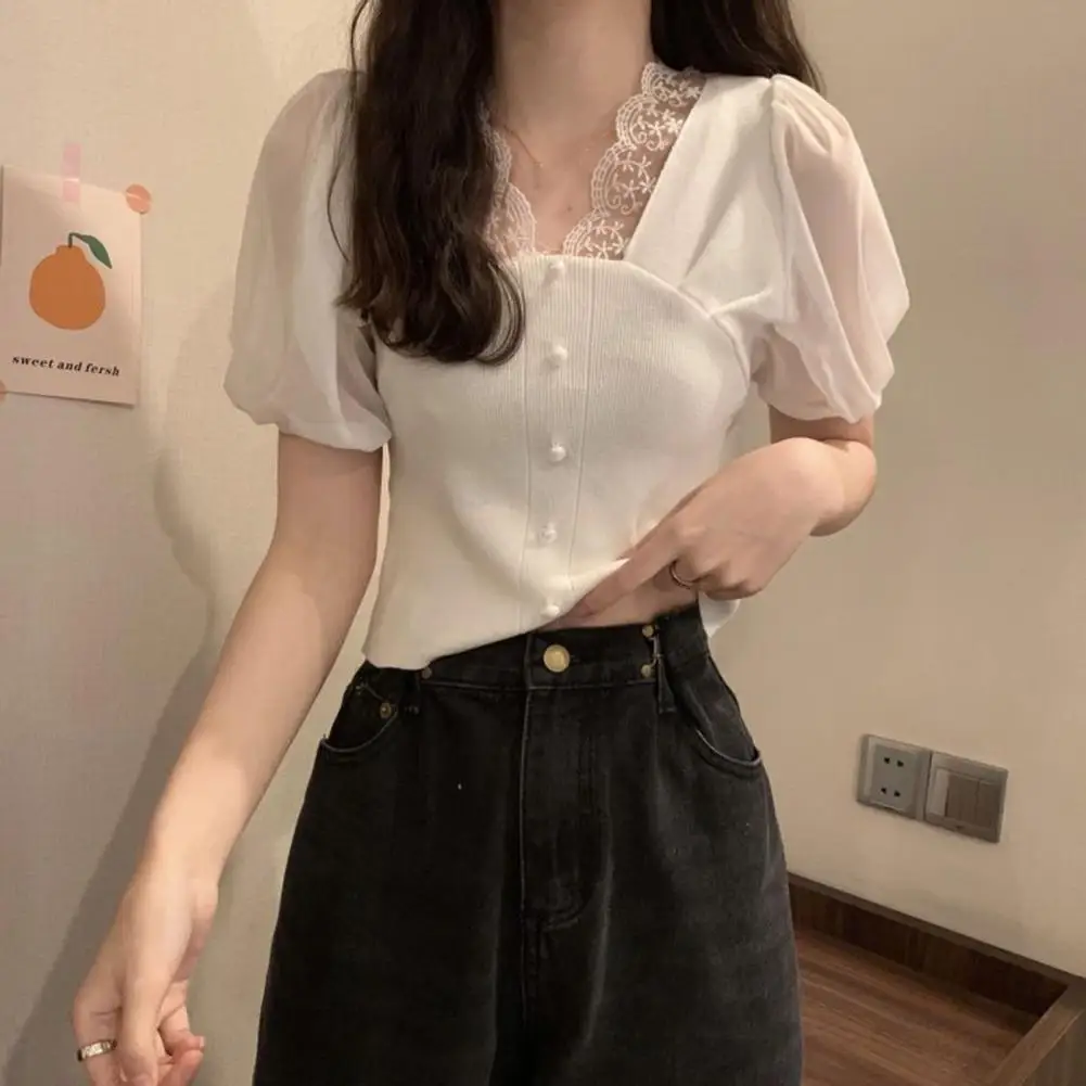 

Women Summer Top Lace Elastic Cuff Button Decor V Neck Short Sleeves Dress Up Knitted Korean Style Contrast Color Summer Blouse