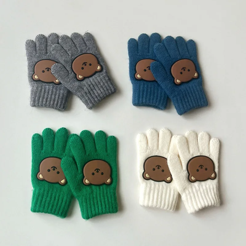 Winter Baby Gloves Cartoon Bear Woolen Five Fingers Gloves for Girls Infant Boys Cashmere Warm Kids Accessories 3-7 Years Old
