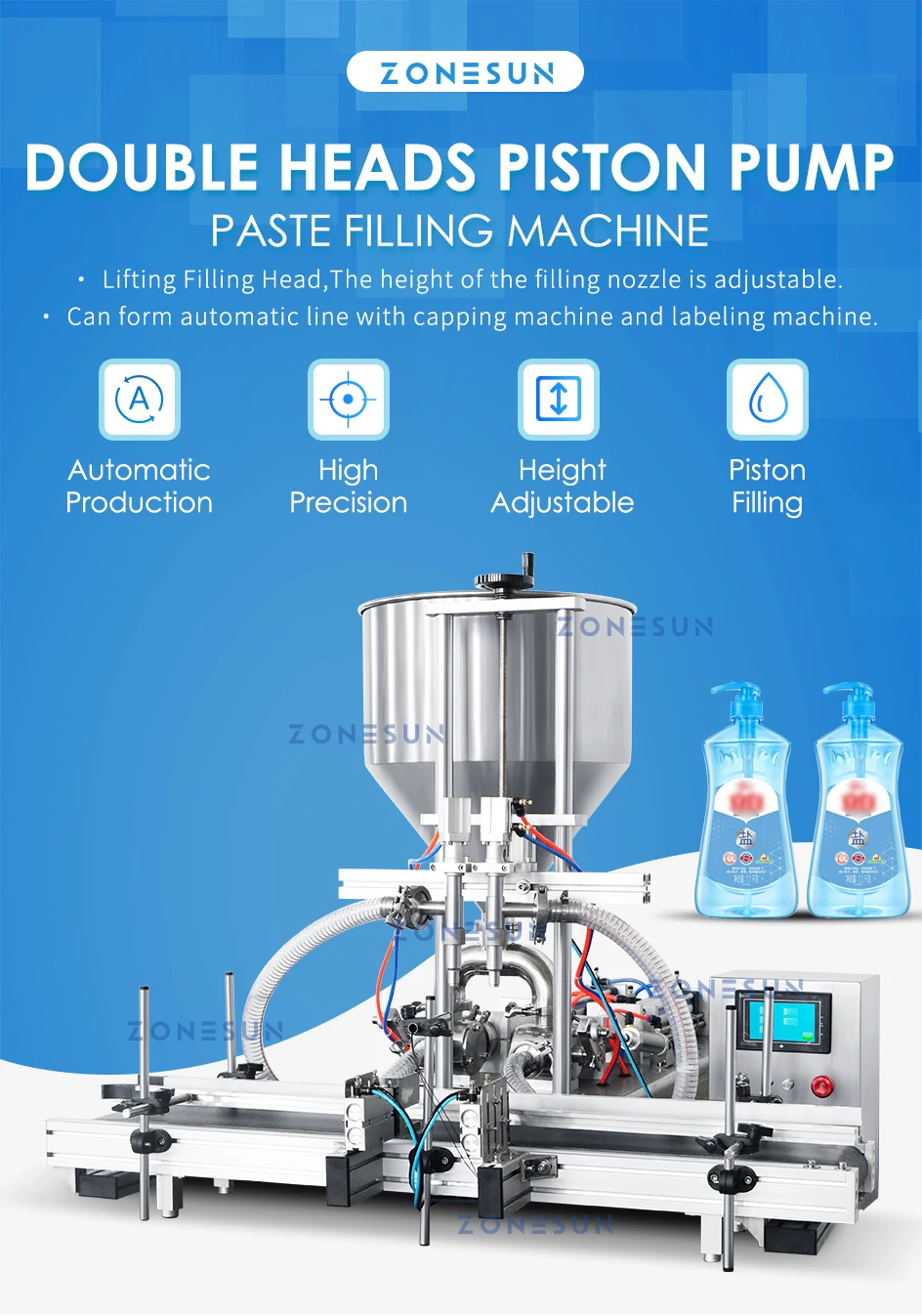 ZONESUN ZS-DTGT2 Automatic Pneumatic Double Head  Honey Paste Filling Machine with Conveyor