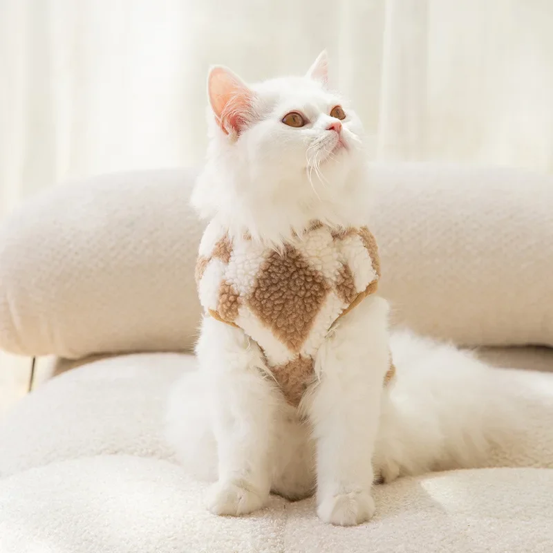 다이아몬드 모양 그리드 고양이 따뜻한 양털 조끼 가디건, 중소형 강아지 애완견 옷, 가을 및 겨울