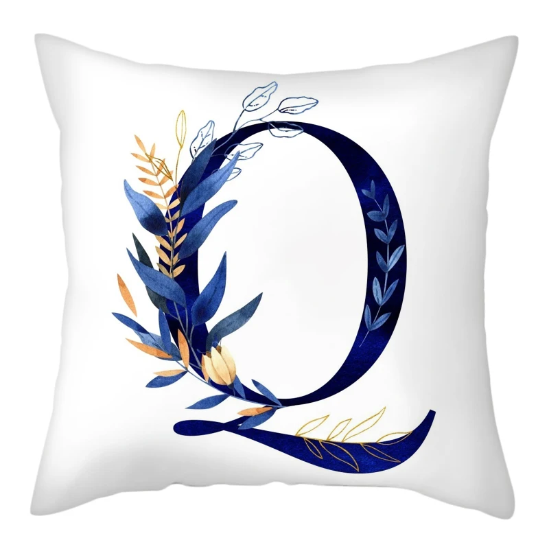 Simple Blue Leaf Alphabet Print Cushion Case 26 Letters Decoration Pillows Case Sofa Chair Livingroom Polyester Throw Pillowcase