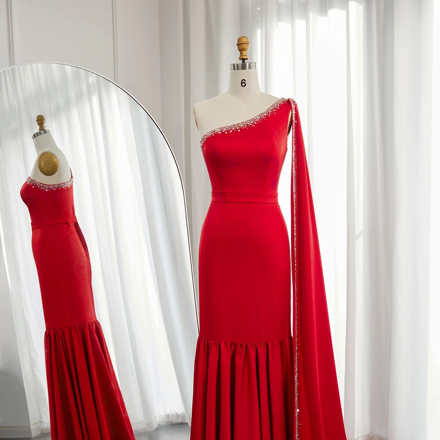 S790a0e3df2944a928b28244a24b50e93T Arabic Burgundy One Shoulder Evening Dress with Cape Sleeve Women for Wedding Luxury Dubai Formal Party Gowns Mallzona