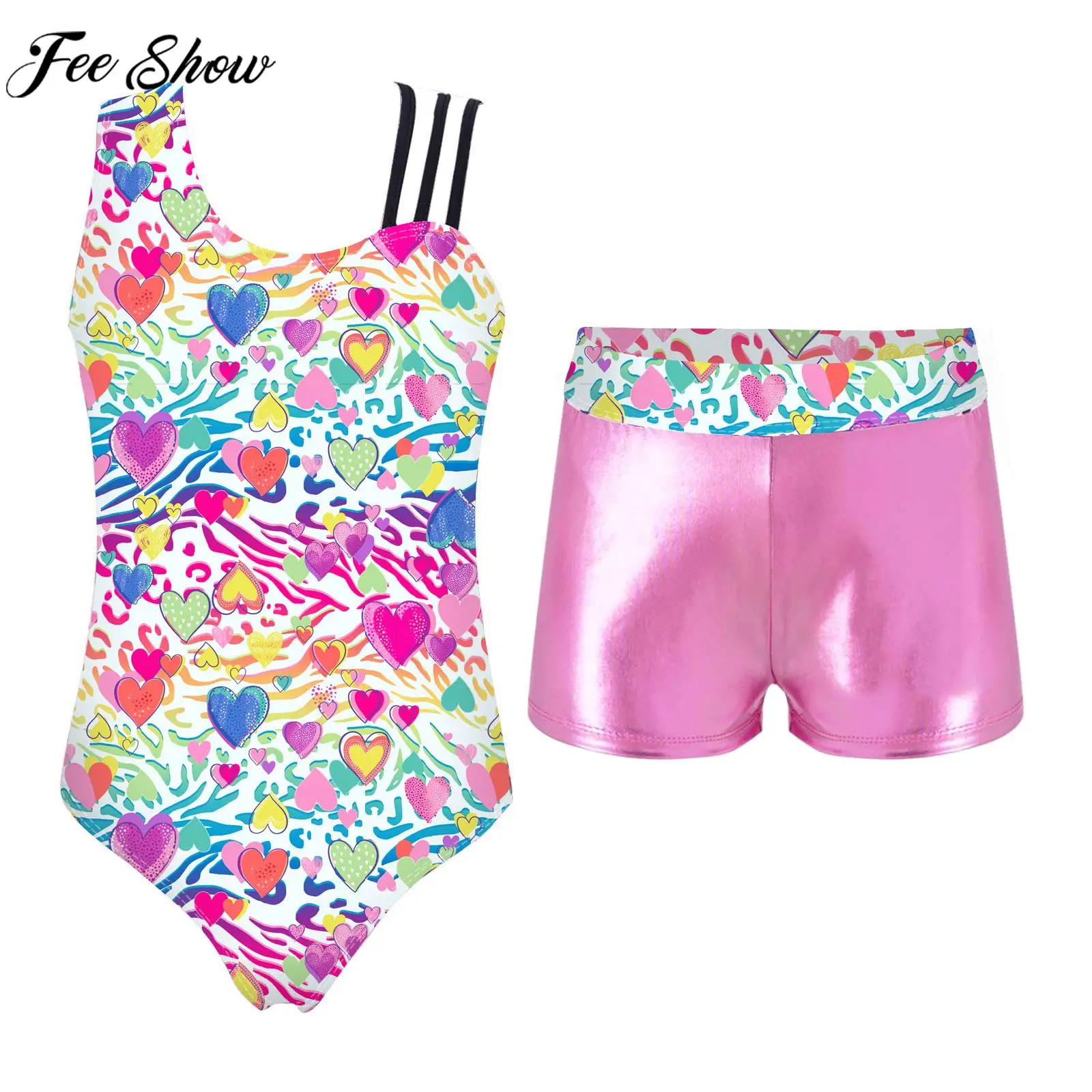 

Girls Ballet Dance Gymnastic Leotard Asymmetric Shoulder Print Bodysuit with Shorts Dancewear for Training Stage Performance