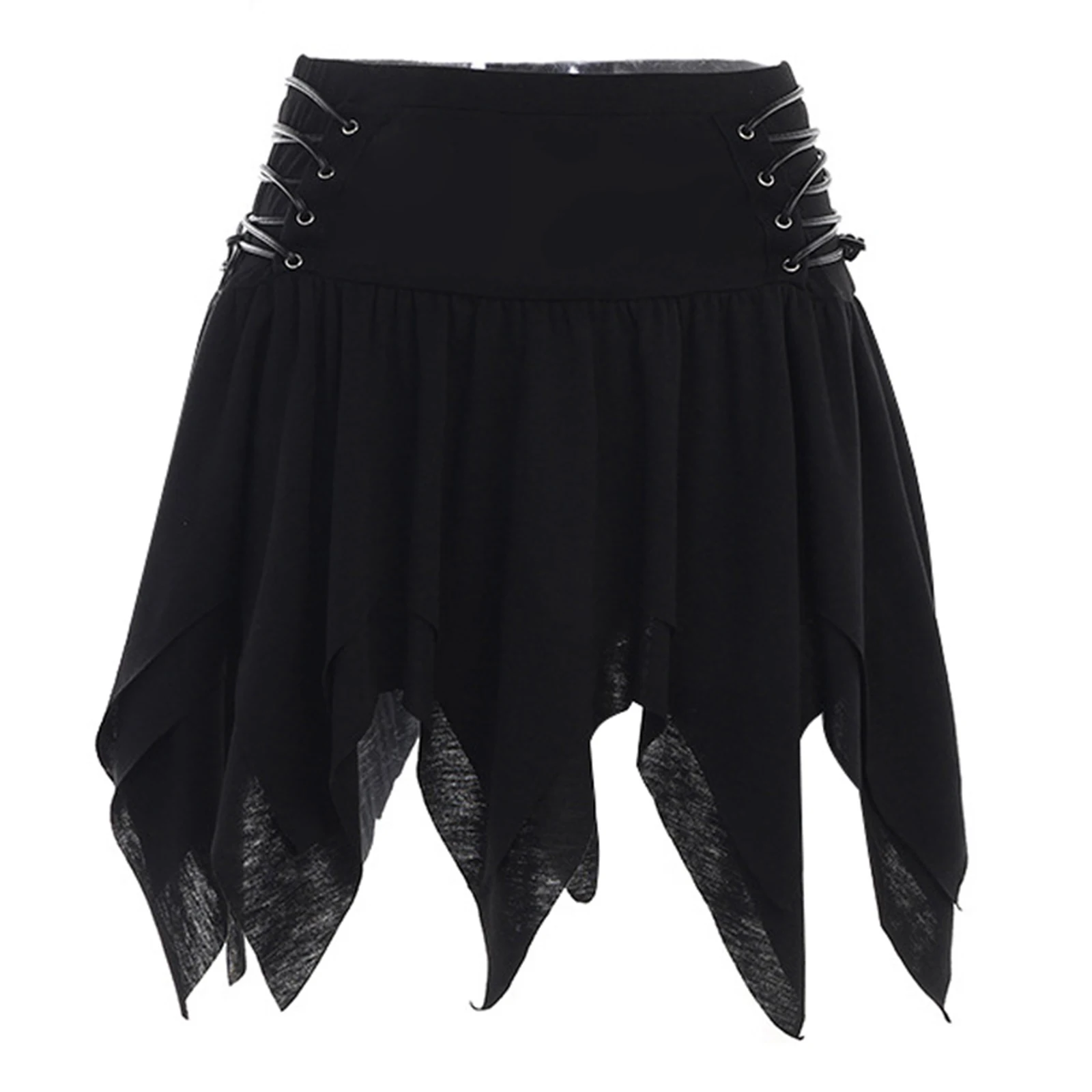 

Black Color Women Gothic Lace-up Irregular Skirts Punk High Waist Ruffled Miniskirts for Theme Party Music Festival Rock Concert