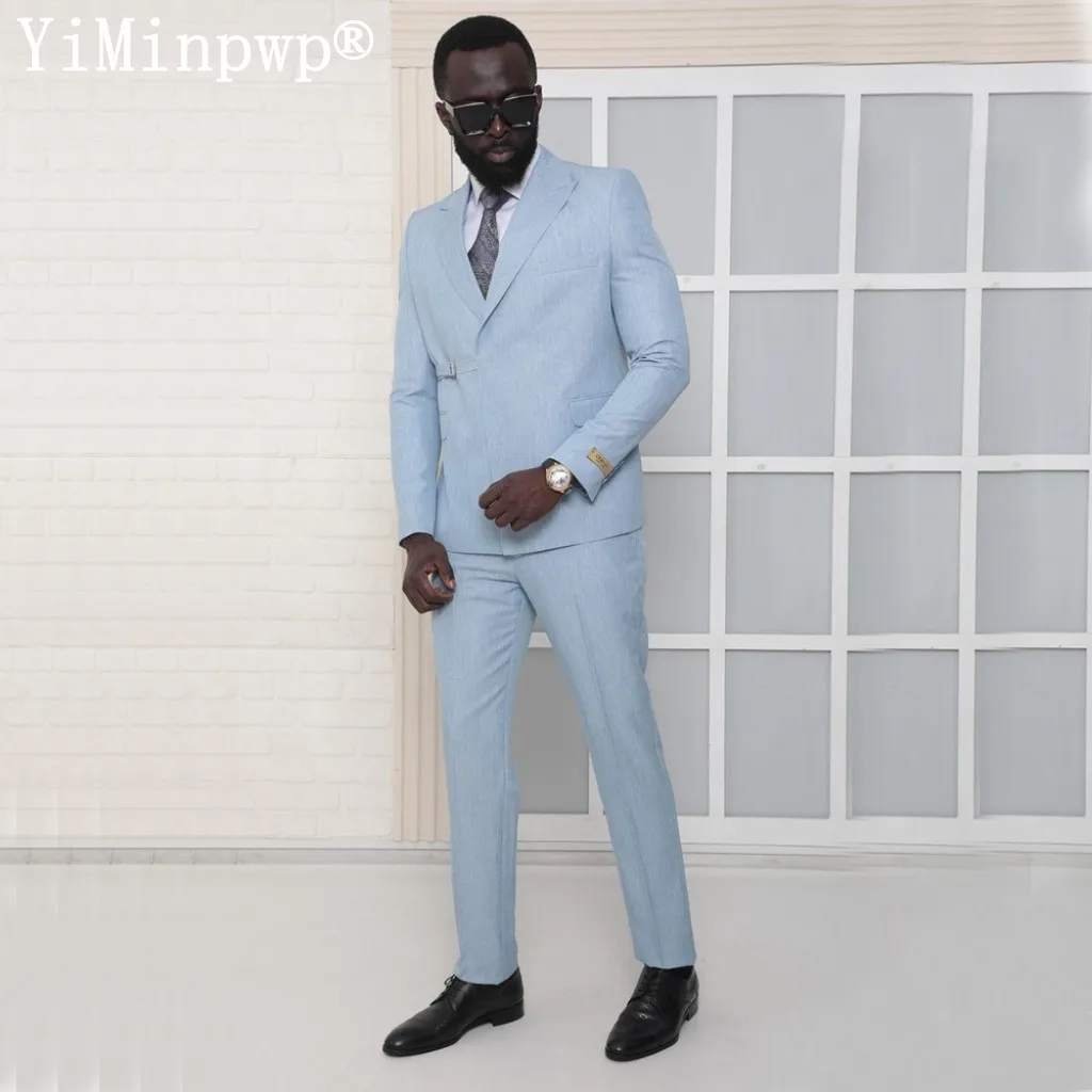

New in Sky Blue Suits for Men 2 Pieces Peaked Lapel Belt Business Male Suit Trajes Para Hombres Elegantes Jacket Pants