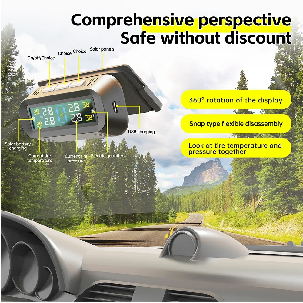 Car Tire Pressure Monitor Smart TPMS 4 External Sensors Display Solar Intelligent Tyre Pressure Temperature Warning