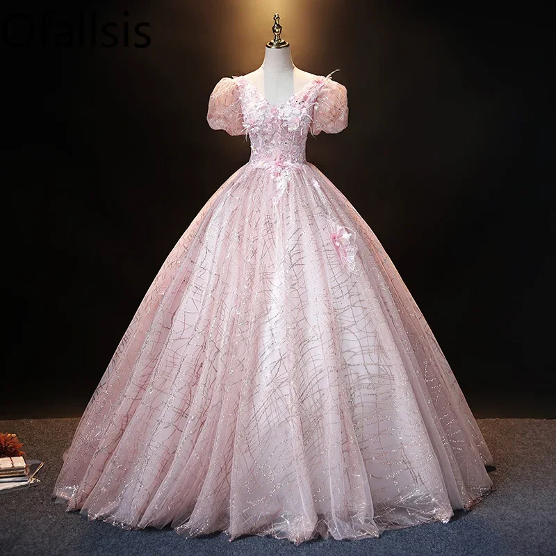 

Ofallsis Pink V neck Embroidery Puff Sleeve Evening Dress 2023 New Autumn French Style Fairy Stage Solo Vocal Art Test Dresses