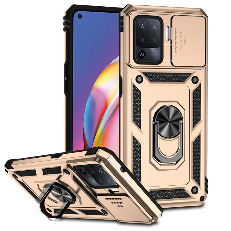 Shockproof Armor Case with Metal Ring Holder and Slide Lens Protector Cover