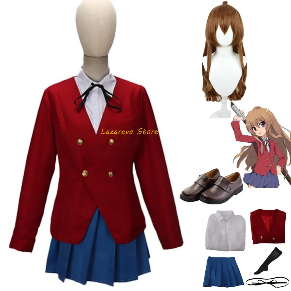 

Anime Tiger×Dragon！Toradora! Aisaka Taiga Cosplay Costume Wig Red JK Uniform Leather Shoes Woman Sexy Kawaii Campus Party Suit