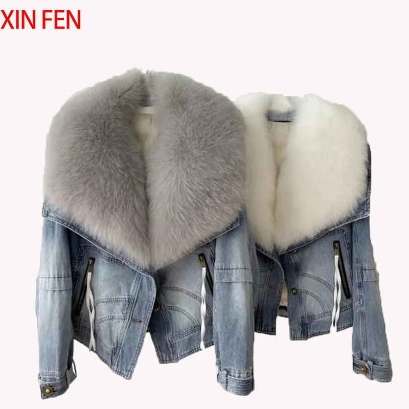 2024 Winter Women New Luxury Natural True Fox Fur Big Collar Goose Down Denim Down Jackets Short Warm Casual  Jacket Coat