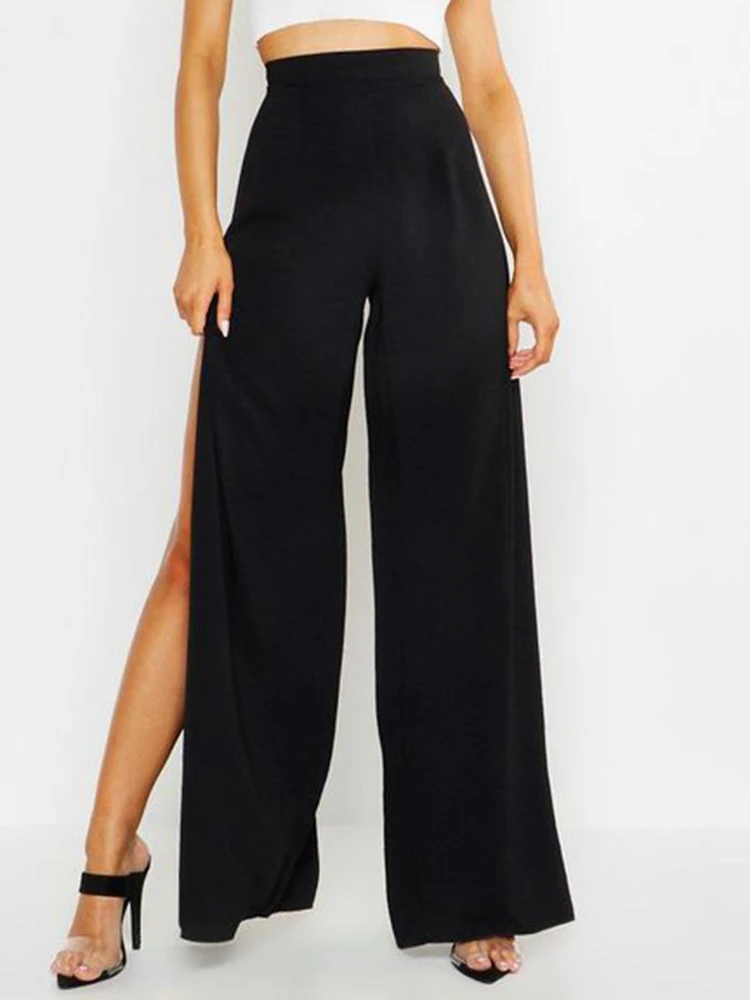 High Split Solid Black Loose Yoga Pants Elegant Fashion Women Streetwear Wide Leg Trousers Female Side Seam Clothes