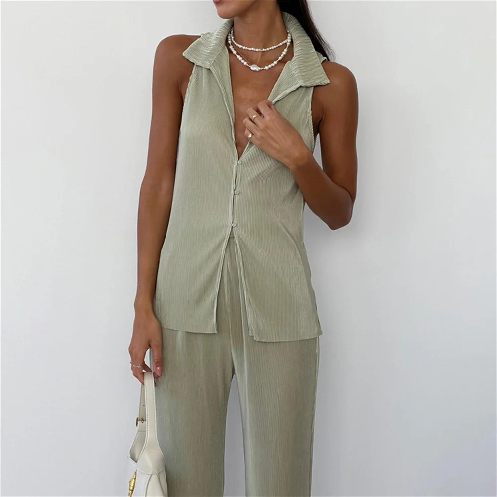 Green Pleated Vest Top Long Pants Suit For Women Summer Sleeveless