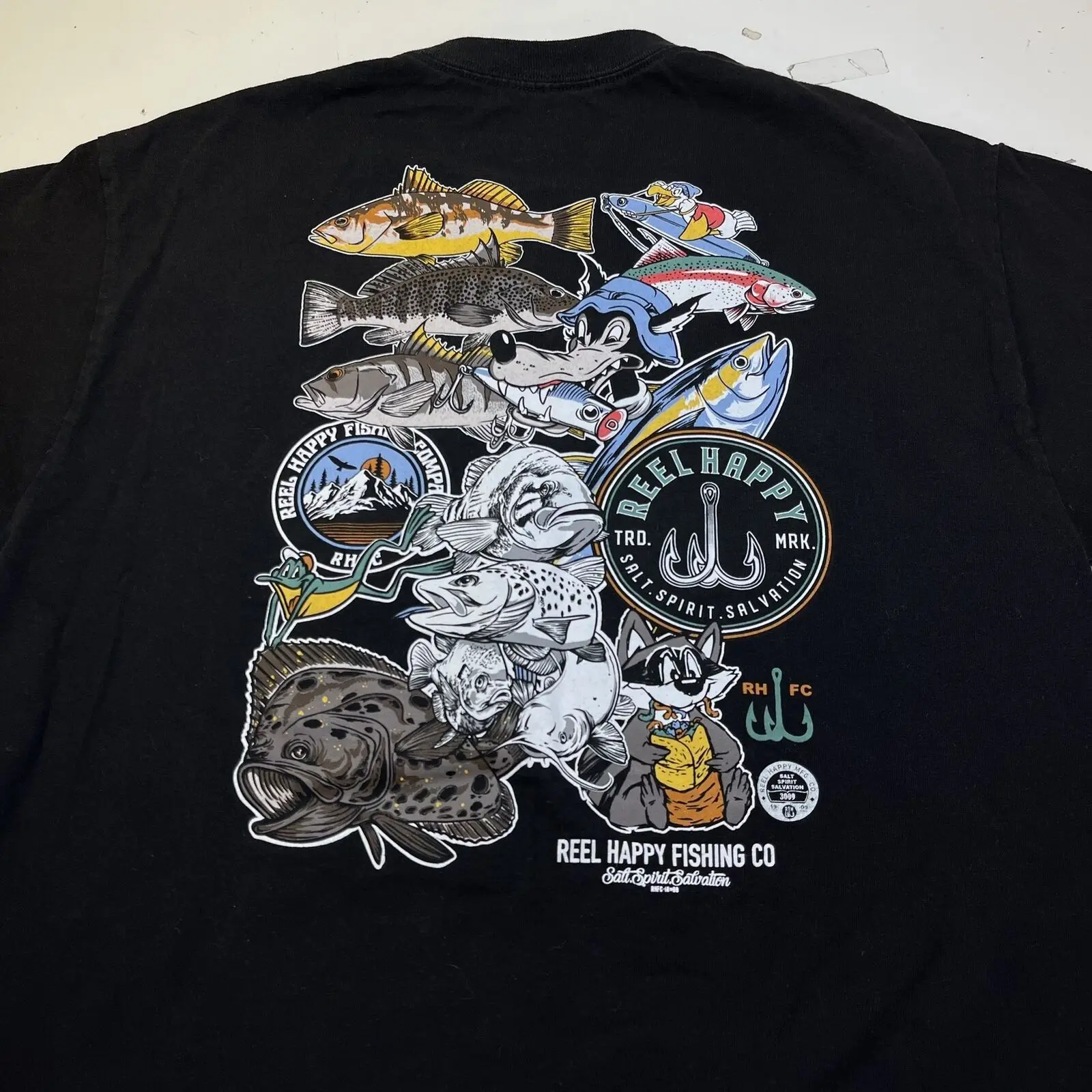 Reel Happy Feel Good Fishing Company Fish Tee T Shirt Mens L Trout Nature Maniche Lunghe O Corte
