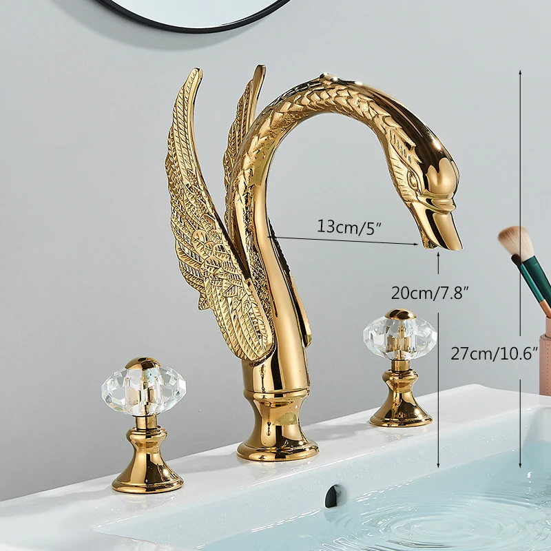Golden Swan Shape Bathroom Faucet Basin Faucet Tap Bathtub Two Crystal Handles Hot Cold Mixer Crane Basin Tap