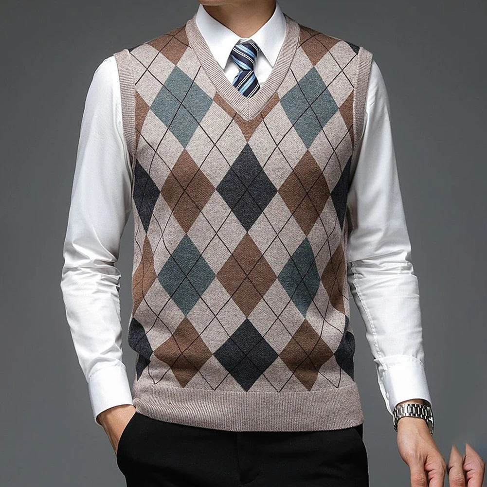 Men\'s Knitted Tank Top  Sleeveless Pullover  V Neck Casual Plaid Sweater Vest  Wool Blend  Khaki/Red/Grey/Navy/Dark gray M 3XL