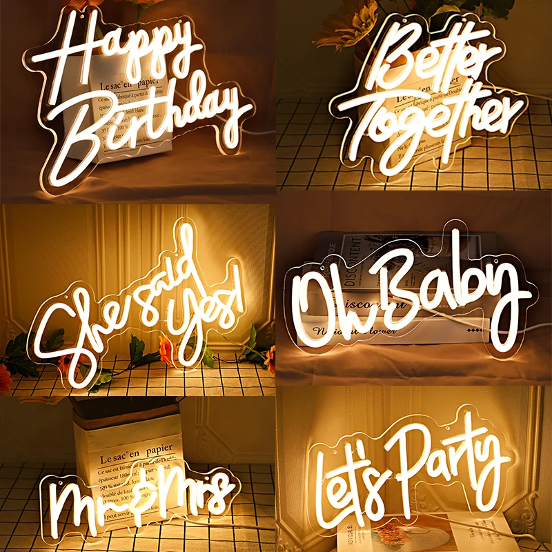 Happy Birthday Neon LED Sign Light for Wedding Birthday Party Decor Gift Home Room Wall Decorate Atmosphere Lamp Night Lights