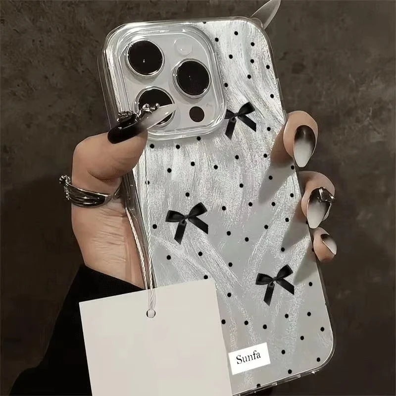 Black Polka Dot Bow Phone Case - Y2K-Inspired Hard Cover