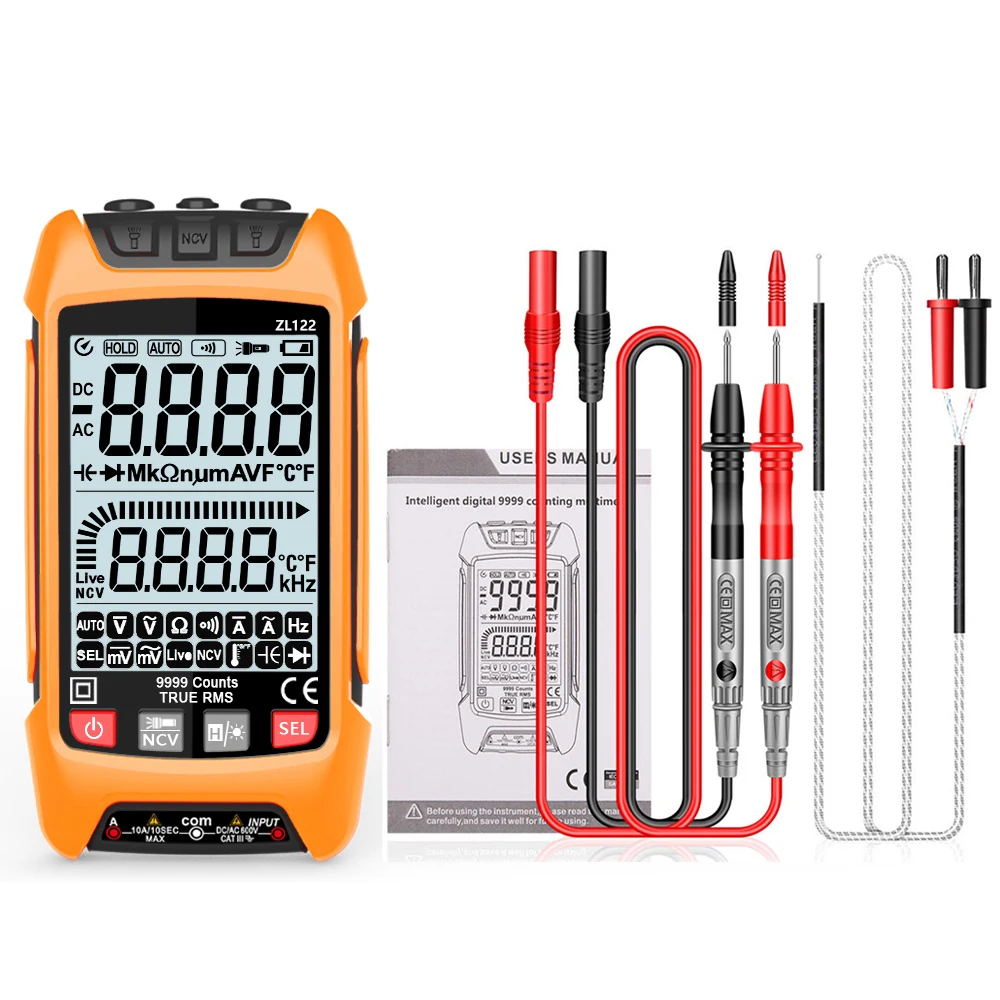 

Handheld Digital Multimeter 9999 Counts TRUE RMS Voltage Resistance Frequency Tester Temperature Measurement Meter LCD Backlight