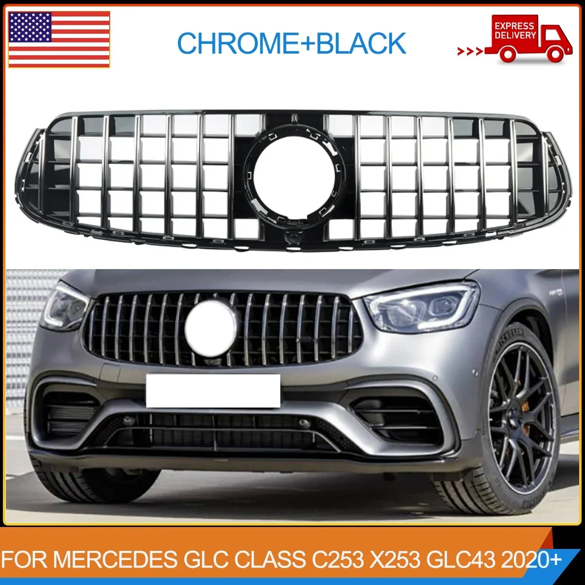 

Передний бампер для GLC300 GLC350 GLC43, черная хромированная решетка GT, Алмазный гриль для Mercedes Benz GLC W253/X253