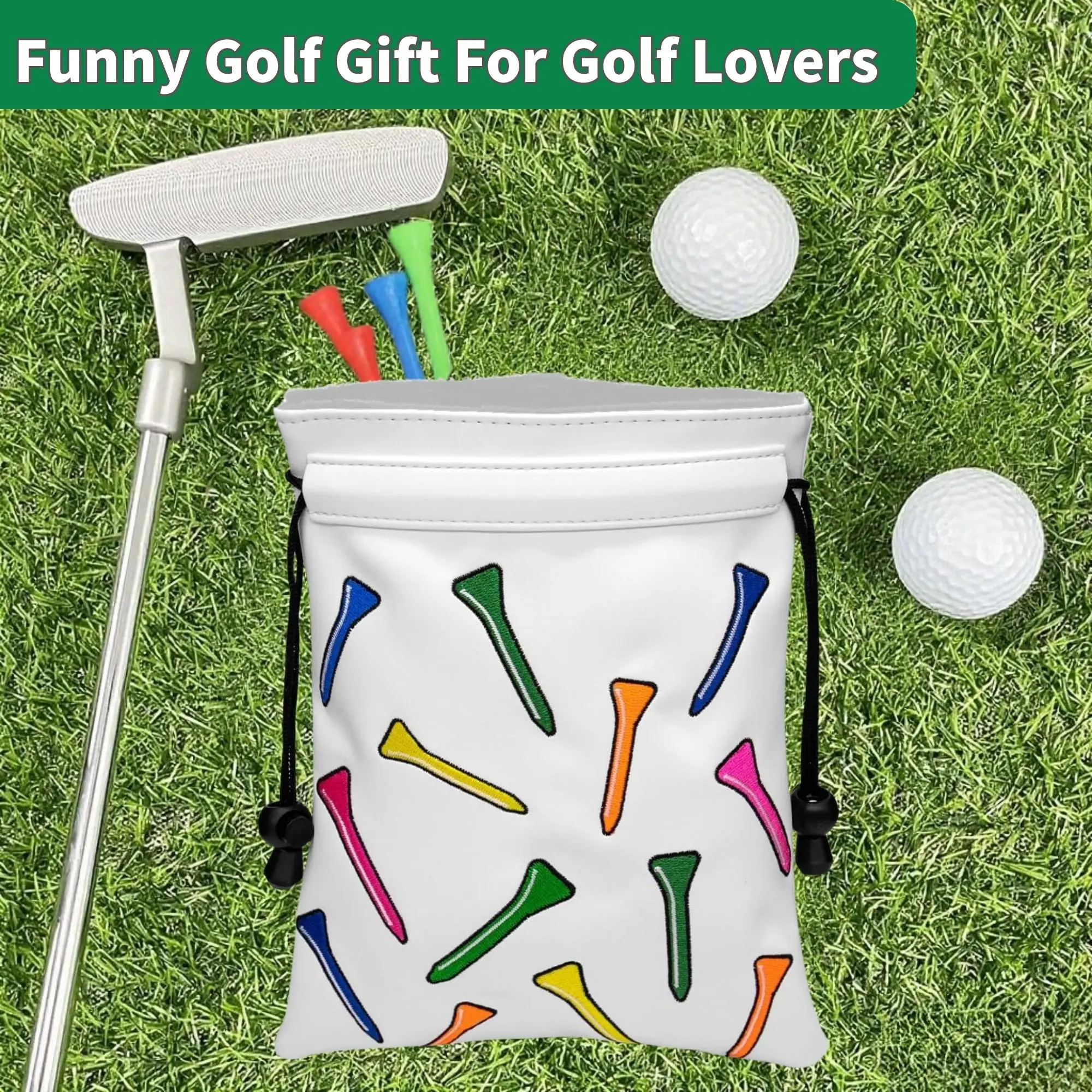 Whimsical Golf Tee Pattern PU Leather Valuables Pouch with Drawstring Closure