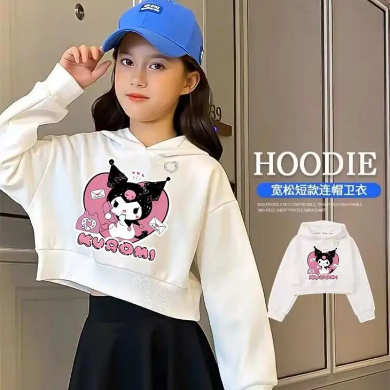 

Детский короткий Свитшот Sanrio Kuromi с аниме на весну и осень, детский Удобный Повседневный Топ из чистого хлопка с длинным рукавом и мультяшным рисунком
