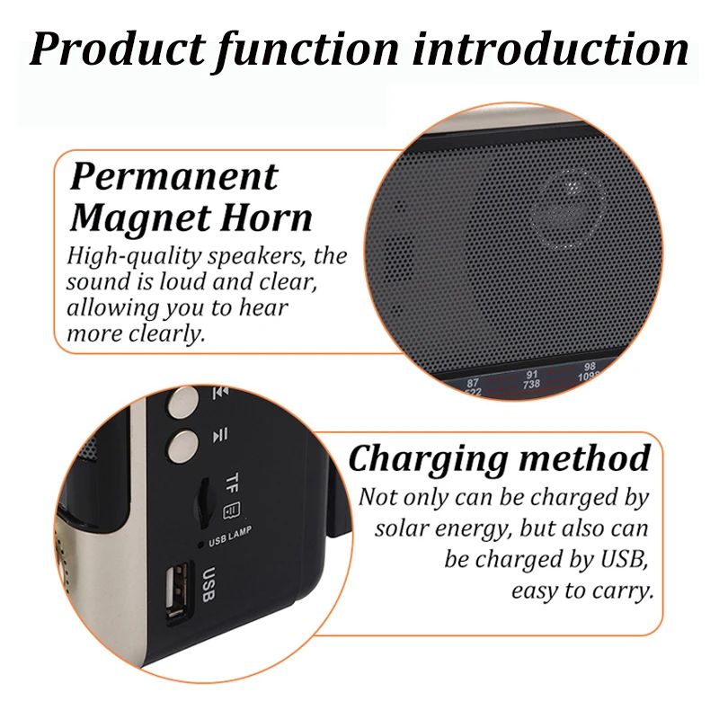 Portable Full Band Radio FM/AM/SW Radio Receiver Bluetooth Speaker Solar MP3 Music Player with LED Light Support USB/TF Card/AUX
