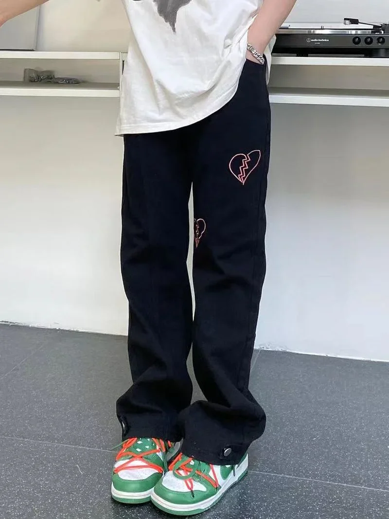 Y2k Heartbreak Graphic Jeans Wide Leg Pants Street Wear Highstreet Design BF Baggy Jeans Distressed Pants Straight Leg Pants
