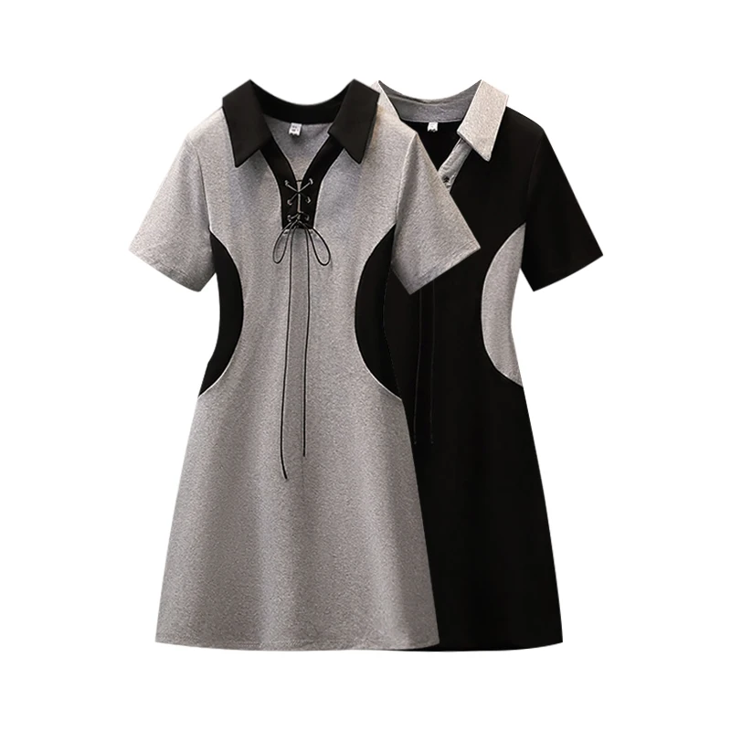 

2022 Vintage Large Size Women Splicing Dress Summer Chic Short Sleeve Slim Dress For Woman Clothing fp141