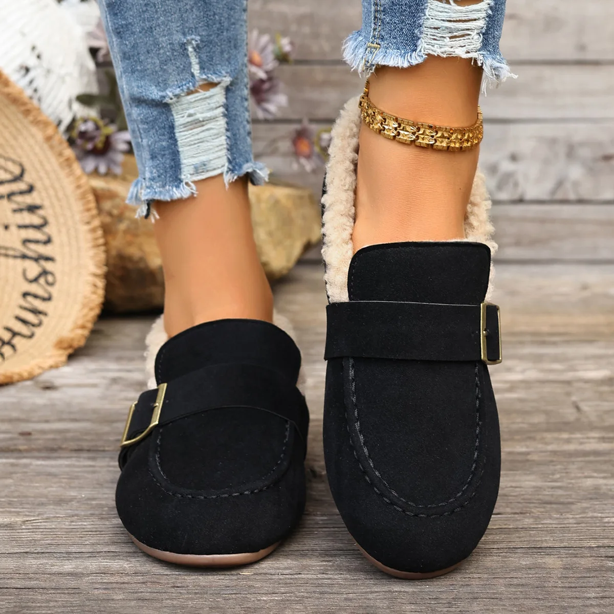 Casual Lambswool Loafers Women Flats Belt Strap Shoes Winter Furry Shoes Ladies Cotton Mocasines Warm Slip On Sheep Fur Boots