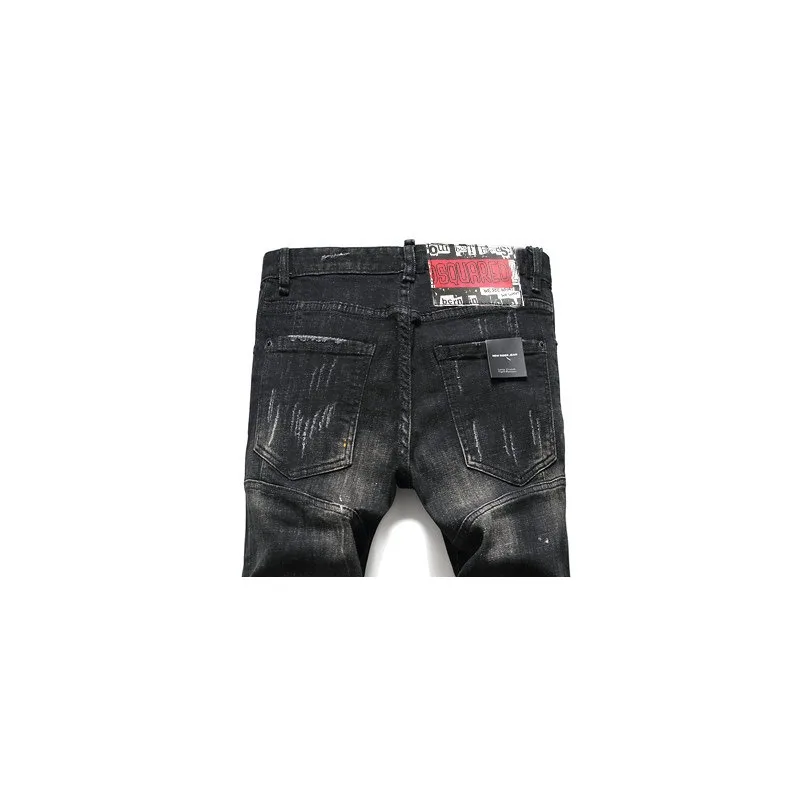 Four Seasons Can Wear New Tattered Paint Feet Pants Men's Slim Patch Stretch Jeans Black Tight Beggar Pants 6