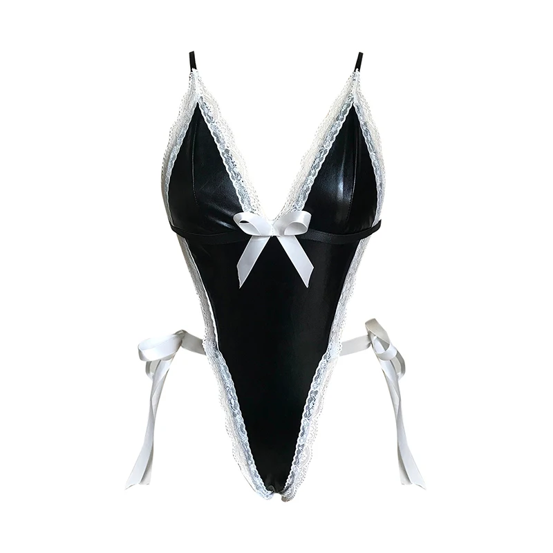 Erotic Role Play Costumes Sexy Lingerie Women Latex Leather Bodysuit Servant Uniform Lolita Cosplay Underwear Deep V Maid Dress