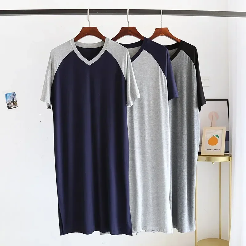 

Size Thin Nightdress Nightgowns Summer Plus Loungewear Robe House V-neck Modal Men One-piece for Mid-length Stitching