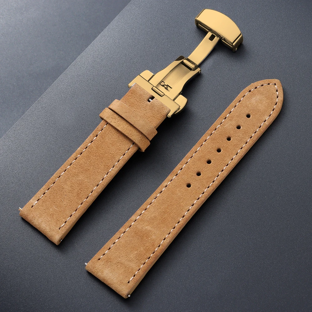 Vintage Suede Cowhide Watch Strap with Butterfly Buckle Bracelet - Sport Wristband