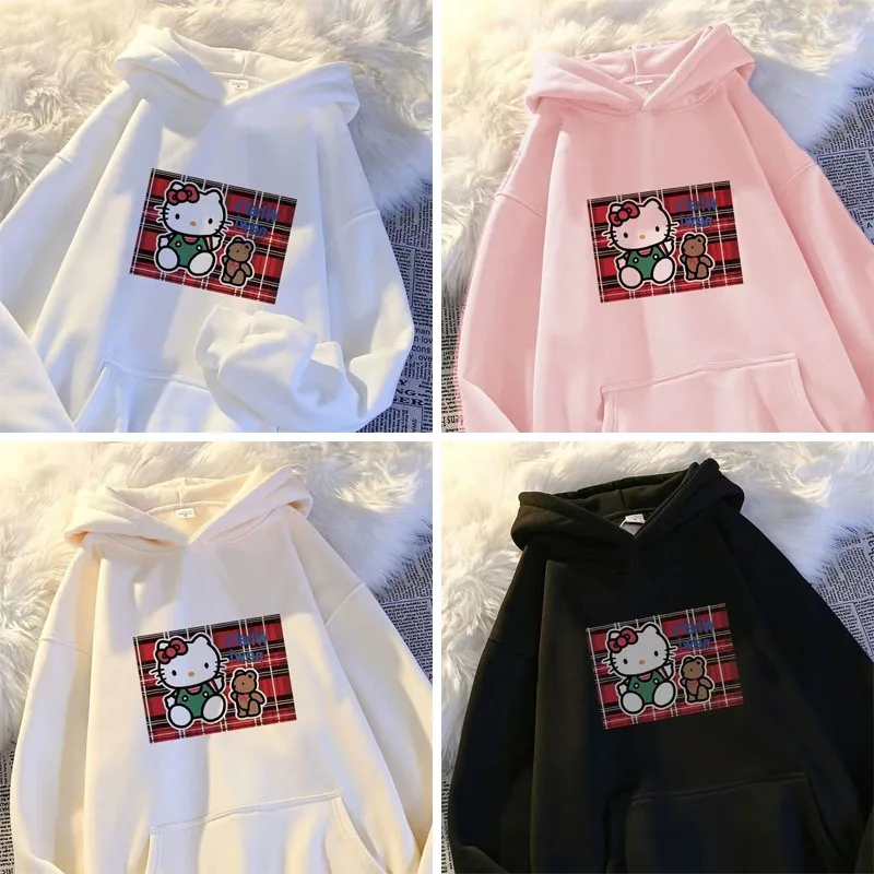 

Милый мультяшный пуловер Hellokittys с принтом аниме свитшот с Капюшоном Повседневный Свободный Топ Универсальный теплый и удобный для девочек