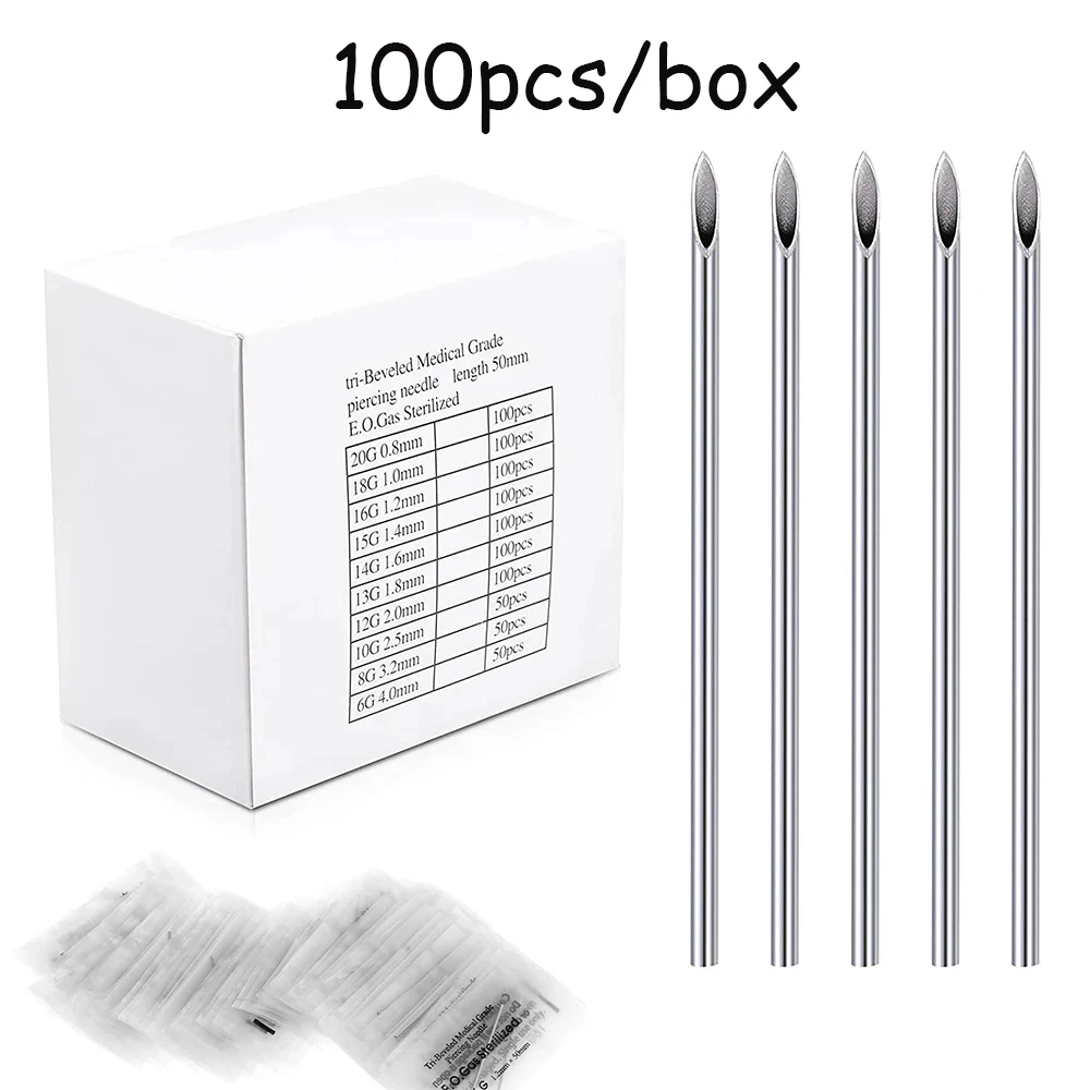 Blue Genie 10/100pcs Body Piercing Needles 14G 16G 18G Stainless Steel Disposable Ear Nose Navel Nipple Lip Piercing Needle 2