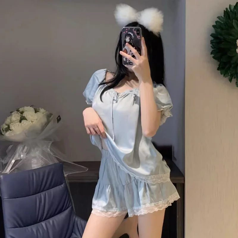 Ling Ice Silk Soft Sleepwear For Women Simple Princess Style Summer Sweet girl's Pajamas Two-piece Set Thin Ruffled Home Clothes